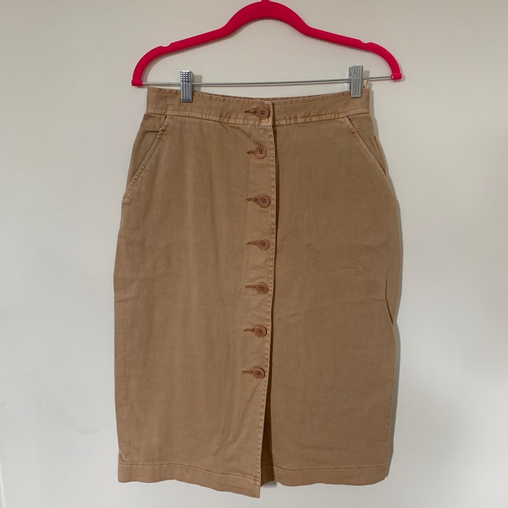Aritzia Wilfred tan button-down skirt with pockets, 99% cotton, size 6